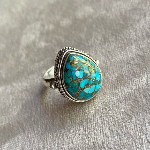 Blue Turquoise Copper Sterling Silver Ring Size 7 - Picture 1 of 10